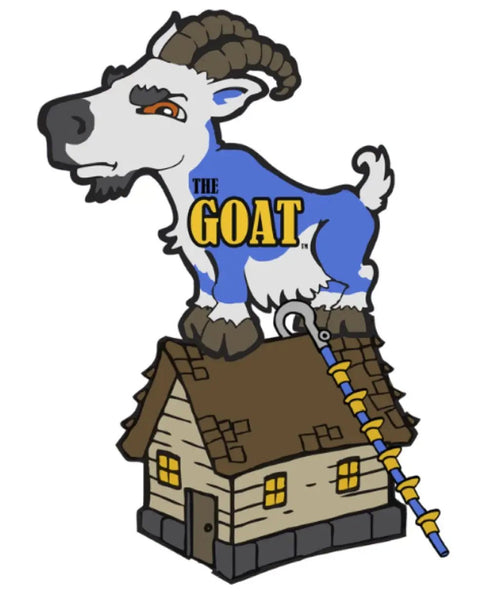 Cartoon goat logo on house roof beside Steep Assist Roof Ladder Compact Lightweight No Fuss Setup Access Tool With 5 Poles Soft Touch Hook Pad And Wheel 20 Feet Total Length 350 Pounds Weight Capacity Roof Pitch Up To 45 Degrees Safe Fast Roof Access
