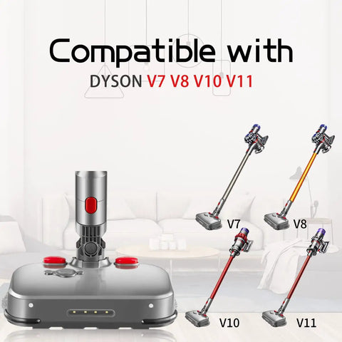 Mop Head Attachment For V7 V8 V10 V11 Vacuum Cleaners With LED Headlights, Water Reservoir, And 6 Reusable Mop Pads displayed with compatible Dyson models
