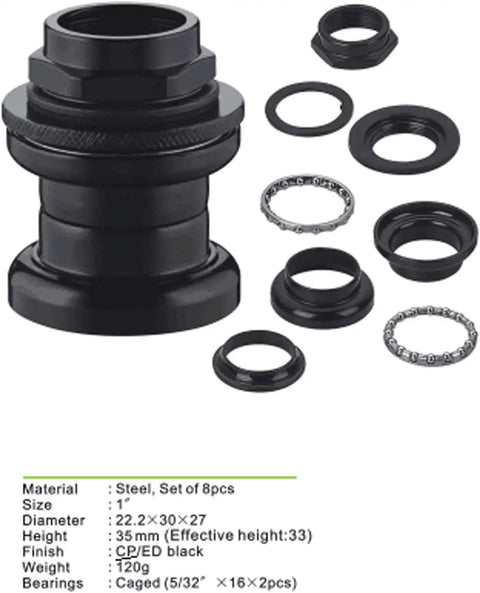 Black headset components for 26 Inch Springer Suspension Fork For Cruiser Chopper Bikes, 1 inch threaded compatibility.