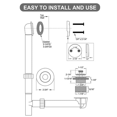 Matte Black Bathtub Drain And Overflow Kit With Hair Catcher Stopper Clog Proof Build For Modern Bath installation diagram with measurements.