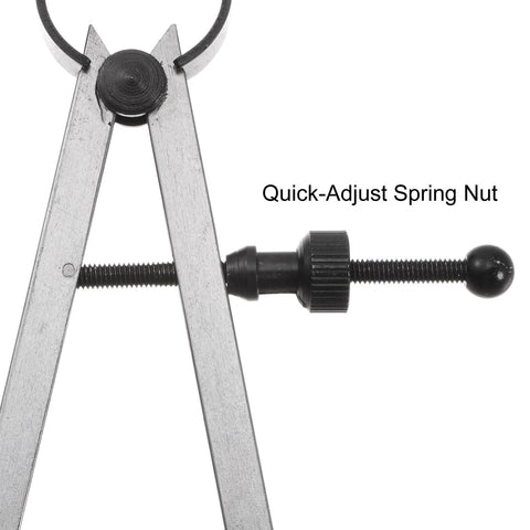 Spring caliper close-up, 12-inch steel with quick-adjust nut for wood turning lathe use