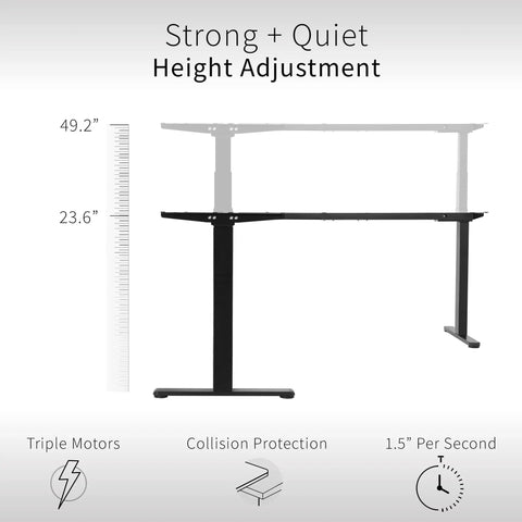 Electric Triple Motor Height Adjustable Corner Desk Frame For L Shaped Setup With 3 Legs Sit Stand Ergonomic Frame Up To 300 Lbs Black Frame Only DESK V130EB shown with height adjustment range from 23.6 to 49.2 inches.