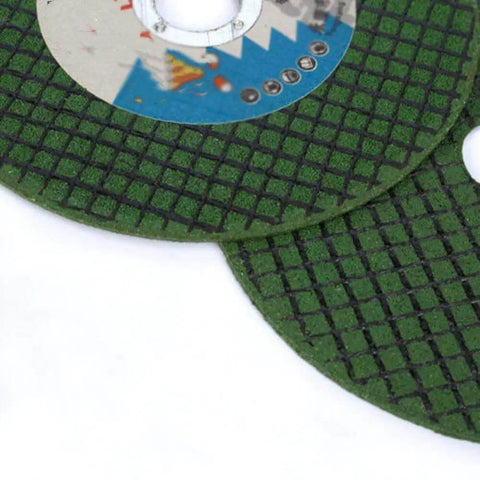 Close-up of 5 Pack Resin Cutting Discs for Angle Grinder 100mm Diameter 1.2mm Thick showing textured surface and colorful label