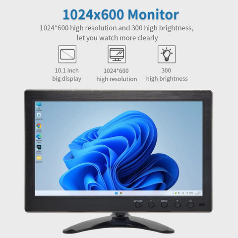 10.1 Inch Portable Security Monitor with 1024x600 HD Display, home screen, showing desktop interface, lightweight LCD screen
