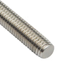 Close-up of 12 in 5/16-18 fully threaded rod in 304 stainless steel, right-hand threads
