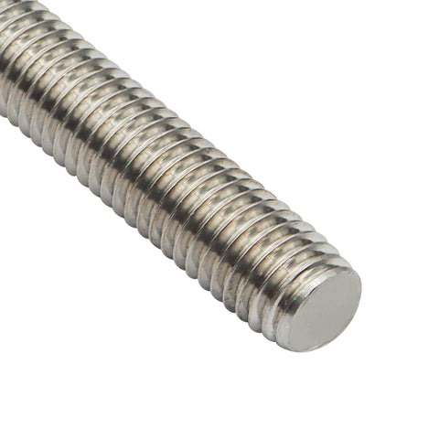 Close-up of 12 in 5/16-18 fully threaded rod in 304 stainless steel, right-hand threads