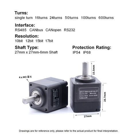 Compact 27x27mm Shaft Absolute Rotary Encoder With Single Turn And Multi Turn Angle Position Measurement 16 Turns 17 Bit Resolution IP54 Pro Grade Precision Sensor For Robotics CNC And Automation shown side by side