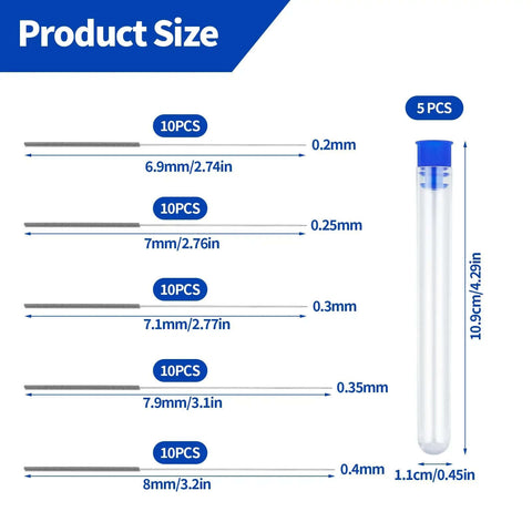 Essential 50 Piece 3D Printer Nozzle Cleaning Kit With 0.2mm 0.25mm 0.3mm 0.35mm 0.4mm Stainless Needles size guide