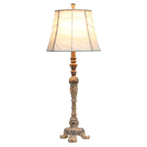 Antique Style Buffet Table Lamp with Cream Ruched Shade, Resin Base in Antique Cream Finish, On Off Rotary Switch, 12x12x31 Inches