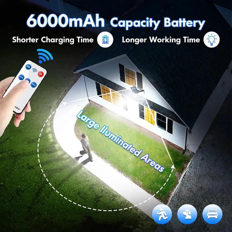 Solar Street Lights Outdoor, Double Big Solar Panels 800Leds Wireless Solar Flood Lights Motion Sensor illuminating a pathway.