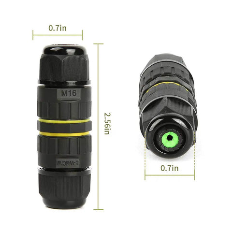 Outdoor IP68 Waterproof Junction Box Cable Connector 2 Way 3 Pin M16 Plug For 3.5-10mm Wires, black PA66 housing, dimensions shown