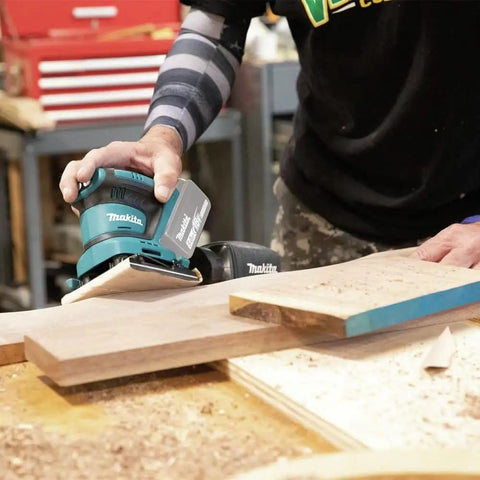 Using 18V Cordless 1/4 Sheet Finishing Sander With Two Speed Control 11K And 14K OPM Uses Four And A Half Inch By Four Inch Abrasive Paper