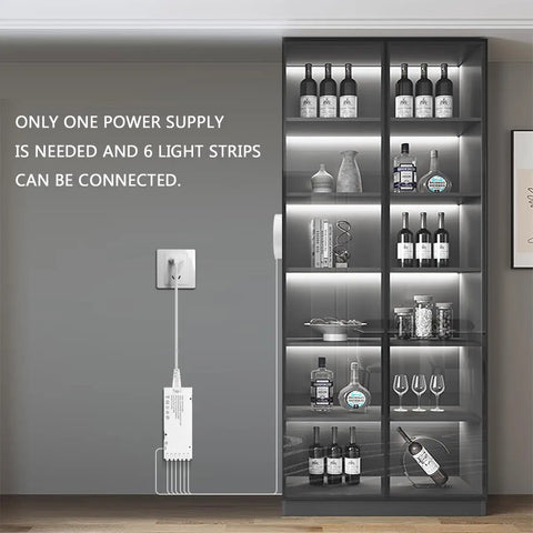Dope 12V COB LED Strip Lights Kit With Six In One Self Adhesive Under Cabinet Lighting installed in a display case, showing power supply connection.