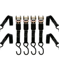 Heavy Duty Ratchet Straps 1 Inch By 10 Feet 4 Pack Cargo Tie Downs With Reinforced Polyester Webbing And Vinyl Coated Hooks black set of straps with hooks.
