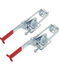 Super Heavy Duty Galvanized Iron Toggle Latch Clamps Hold 2183 Lbs With Quick Release Adjustments For Tool Boxes Drawers And Workshop Jigs That Rock, featuring red handles.