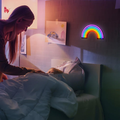Rainbow Neon Light Sign For Bedroom LED Colorful Rainbow Wall Decor With USB Or Battery above child's bed at night