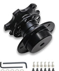 Universal Steering Wheel Quick Release Adapter With Six Hole Racing Hub Mounting Kit black alloy body with mounting hardware.