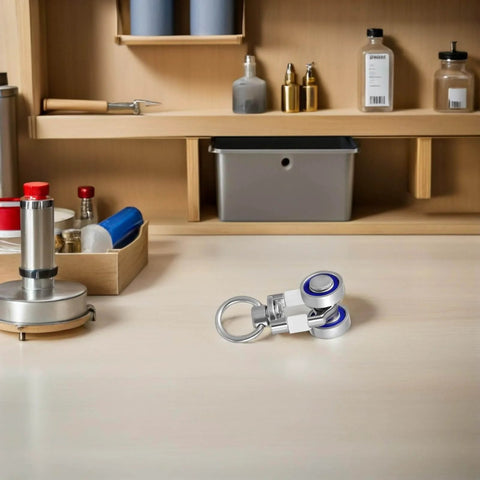 Workbench with tools and chemical bottles, small metal bearings on surface in front, organized shelves in background.