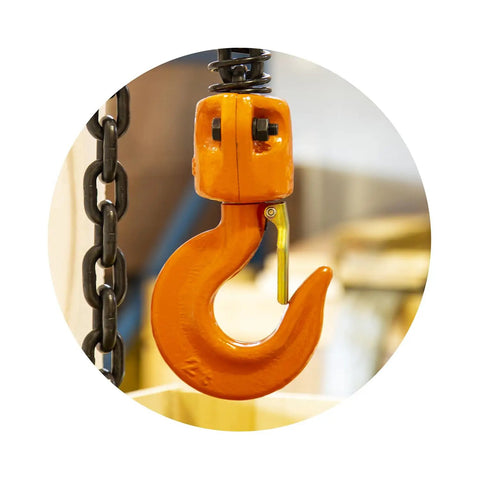 Close-up of 4400 Lbs Electric Chain Hoist Three Phase Power 208 To 240 Or 440 To 480 V 20 Ft Lift Height H3 Duty G100 Alloy Chain