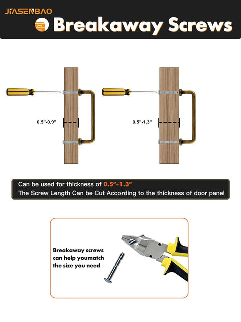 Breakaway screws with visual guide showing adjustments for door panel thickness from 0.5 to 1.3 inches.