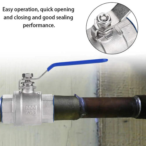 Heavy Duty 304 Stainless Steel Full Port Female Ball Valve Featuring Smooth Operator Design For Rock Solid Plumbing Control And Zero Hassle Water Line Shut Off On Three Quarter Inch Bspt Thread with blue handle.