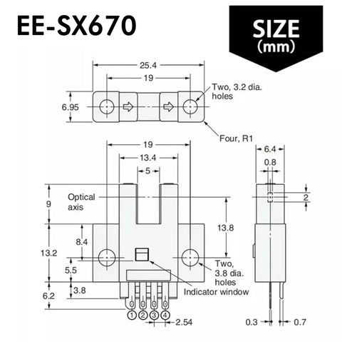 Technical diagram of EE-SX670 Photoelectric Sensor Grooved Slot Type, dimensions and connector details for industrial use.