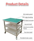 Workhorse Aluminum Anti Static Workbench With Smooth Rolling Locking Casters And Heavy Duty Swivel Brake Wheels For Precision Electronics Repair Lab Applications featuring anti-static panel and multiple shelves.