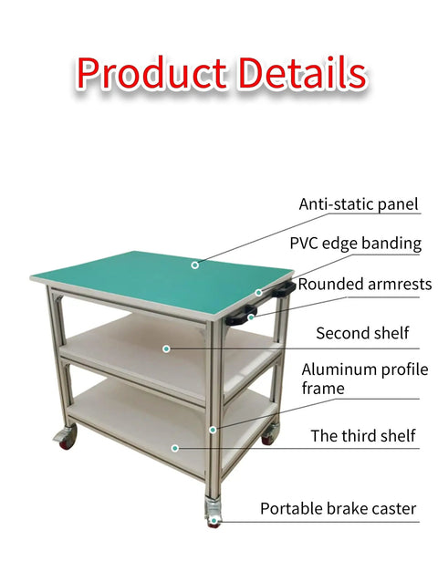 Workhorse Aluminum Anti Static Workbench With Smooth Rolling Locking Casters And Heavy Duty Swivel Brake Wheels For Precision Electronics Repair Lab Applications featuring anti-static panel and multiple shelves.