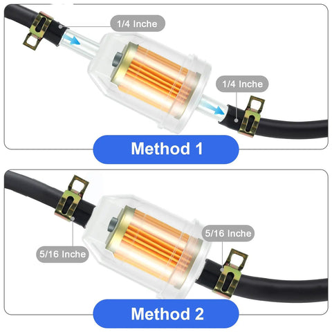 10 Pack Gas Inline Fuel Filters Quarter Inch And Sixteenth Inch With Magnets And Durable Clamps Universal Replacement Kit showing method for different line sizes