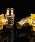 Rock Solid Brass Ball Valve With Comfort Grip Handle And No Sweat Male Female Threads For Quick Diy Plumbing Fixes Heavy Duty Water Shutoff on black background.