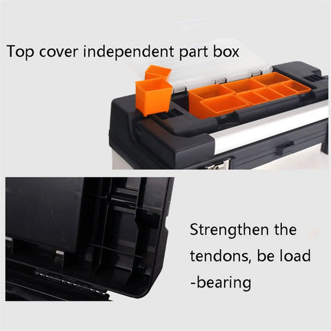 Close-up of Portable Lockable Tool Case With Removable Tray And Alloy Handle Sturdy Plastic And Steel Construction Double Locking Latches