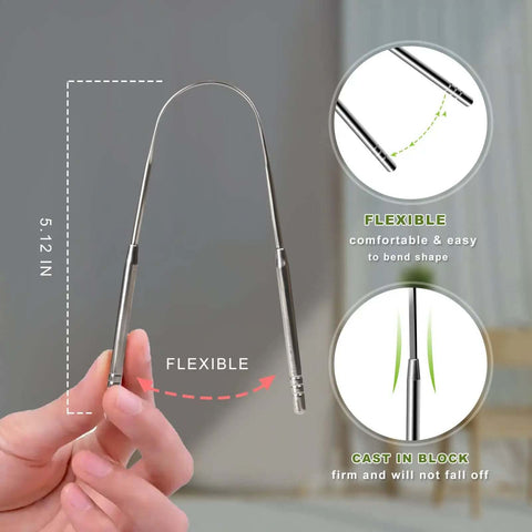 Two Pack Tongue Scrapers Made From 304 Stainless Steel For Adults And Kids, showing flexible and safe design with size details