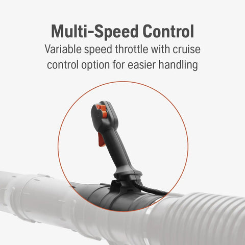 Multi-speed control handle of Beast Gas Backpack Leaf Blower With 75.6cc 4.59-HP 2-Cycle Power, 1000 CFM Air Volume, cruise control feature.
