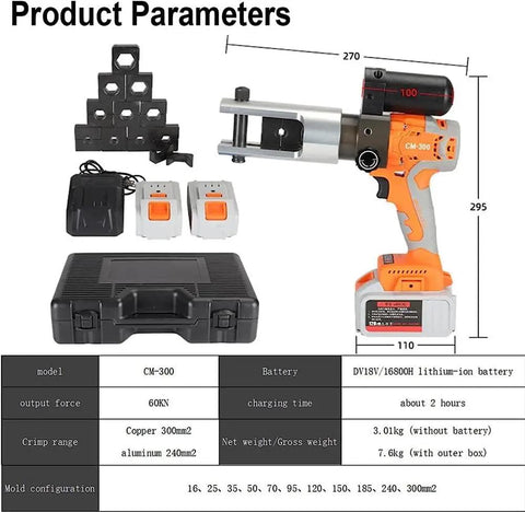 Portable Battery Powered Electric Hydraulic Cable Crimping Pliers With 360 Rotating Clamp For Copper And Aluminum Wire Terminals with accessories.