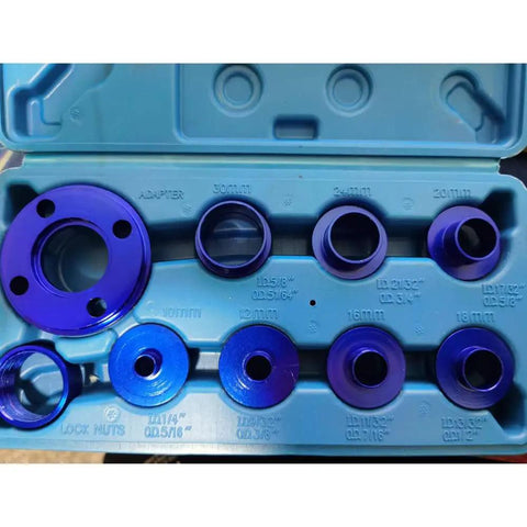 Rock Solid 10 Piece Router Template Bushing Set With Heavy Duty Aluminum Alloy Frame, 8 bushings in blue with measurements.
