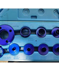 Heavy Duty Router Template Guide Bushing Set Of Ten Precision Aluminum Alloy Sleeves For Smooth Routing, blue sleeves in a storage case.