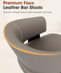 Set of 6 30 Inch Swivel Bar Stools With Curved Back Mid Century Modern Faux Leather Upholstery And Decorative Stitching Perfect For Kitchen Island, Dining Or Living Room In Matte Gray close-up of curved back and stitching.