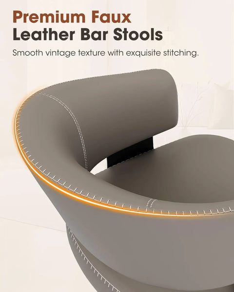 Set of 6 30 Inch Swivel Bar Stools With Curved Back Mid Century Modern Faux Leather Upholstery And Decorative Stitching Perfect For Kitchen Island, Dining Or Living Room In Matte Gray close-up of curved back and stitching.