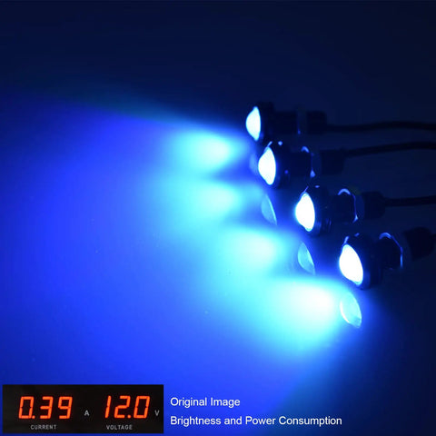 Four blue illuminated Universal Amber LED Front Grille Marker Lights with Projector Lens showcasing brightness and power usage.