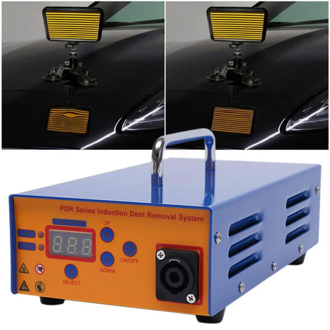 Efficient Electromagnetic Induction Paintless Dent Repair Kit showing digital control and car dent removal process on hood