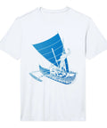 Hawaiian Outrigger Canoe Shirt With Polynesian Tribal Artwork For Beach Lovers And Boaters, Men's Graphic Tee For Fishing, Surfing, And Hawaii Vibes, Ultra Comfortable Cotton Blend Tee featuring blue canoe design on white cotton