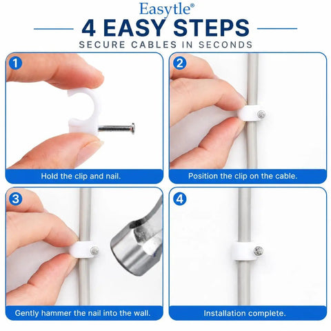 4-step guide for using Heavy Duty Cable Wire Clips Pack Of 200 For 4mm To 10mm Cables Easy Nail Mount Round Plastic Clips.