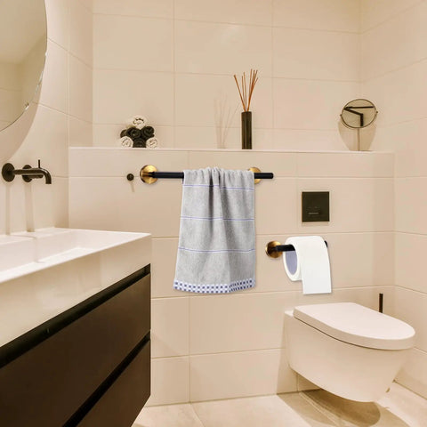 Matte Black 10 Piece Bathroom Hardware Set In SUS304 Stainless Steel with towel bar and toilet paper holder visible in modern bathroom