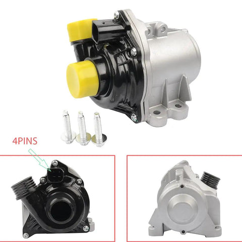 BMW Replacement Electric Engine Water Pump With Bolts For 3.0L I6 Engines shown with connector and mounting bolts