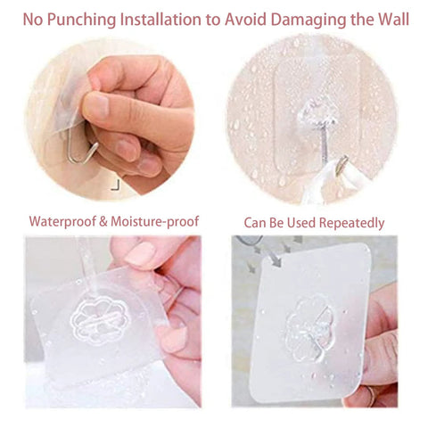Hands demonstrating 24 Pack Heavy Duty Self Adhesive Hooks Transparent Reusable Waterproof Wall Hangers For Kitchen Towels Curtains Bathroom Coats And Shower Doors No Damage Easy To Install Removable Without Residue on a wet surface.