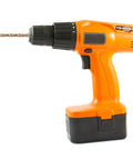 Orange electric drill with attached bit; ideal for use with One Eighth Inch Cobalt Drill Bit Set 30 Piece M35 High Speed Steel Twist Bits for Heavy Duty