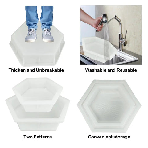 Hexagon Stepping Stone Molds Set Two Size Reusable Cement Molds showing durability, ease of cleaning, and design variation