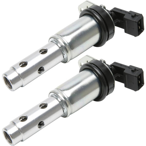 Vanos Solenoid Oil Control Valve Set Two Pack For BMW Engine Timing Replacement To Improve Power Throttle Response And Fuel Economy On Select 1 Series 3 Series 5 Series X Line Vehicles, showing the cylindrical metal valves with electrical connectors.