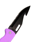 Close-up of foldable dive knife with pointed tip black stainless steel blade, rust-resistant, purple handle for diving use