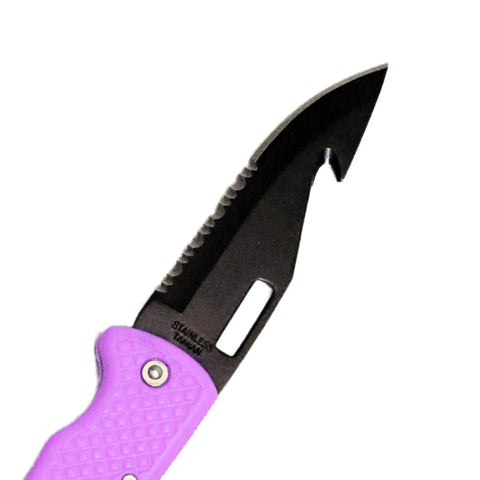 Close-up of foldable dive knife with pointed tip black stainless steel blade, rust-resistant, purple handle for diving use